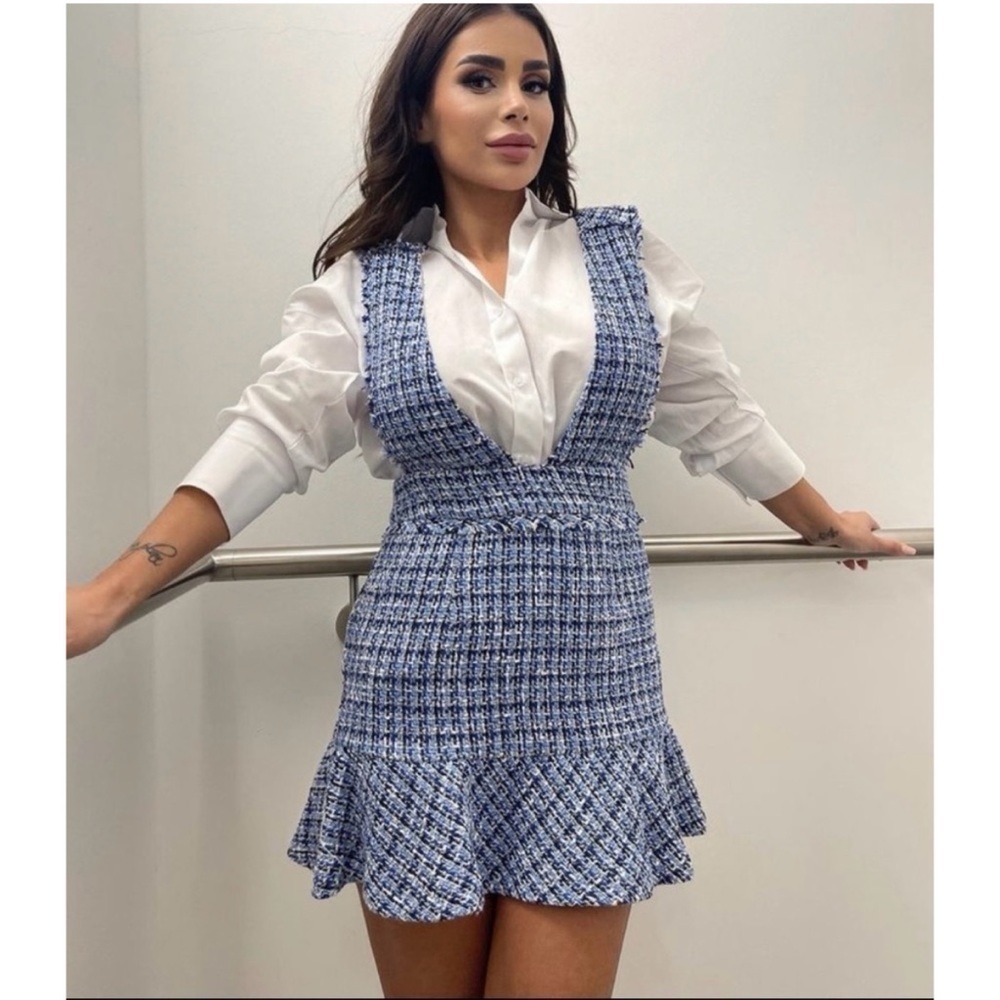 Zara Dress Textured Pinafore Tweed in Blue XS